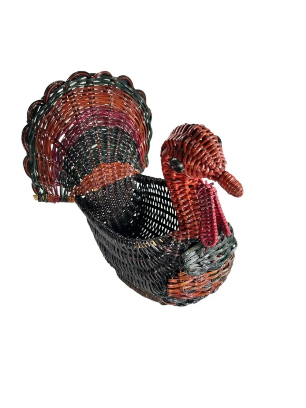 Vtg Wicker Turkey Basket Rattan Red Green Fall Bird Decor Handwoven Colorful